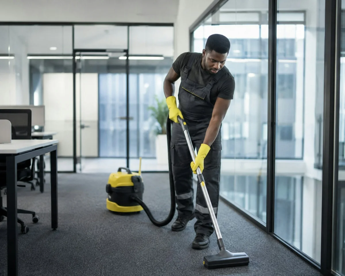 A cleaner vacuuming the floor of a commercial office