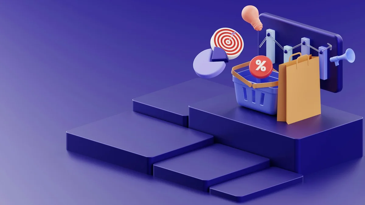 An illustrative online shopping and campaign scene with a target and conversion symbols