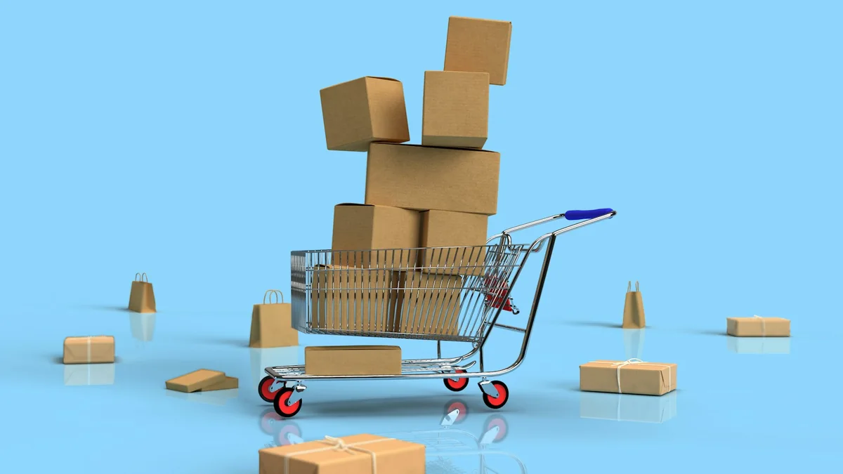 An illustrative shopping trolley and packages representing online commerce