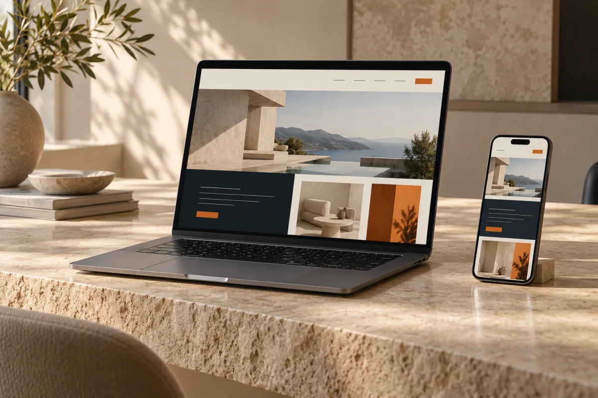 An illustrative business website displayed across a laptop and mobile phone